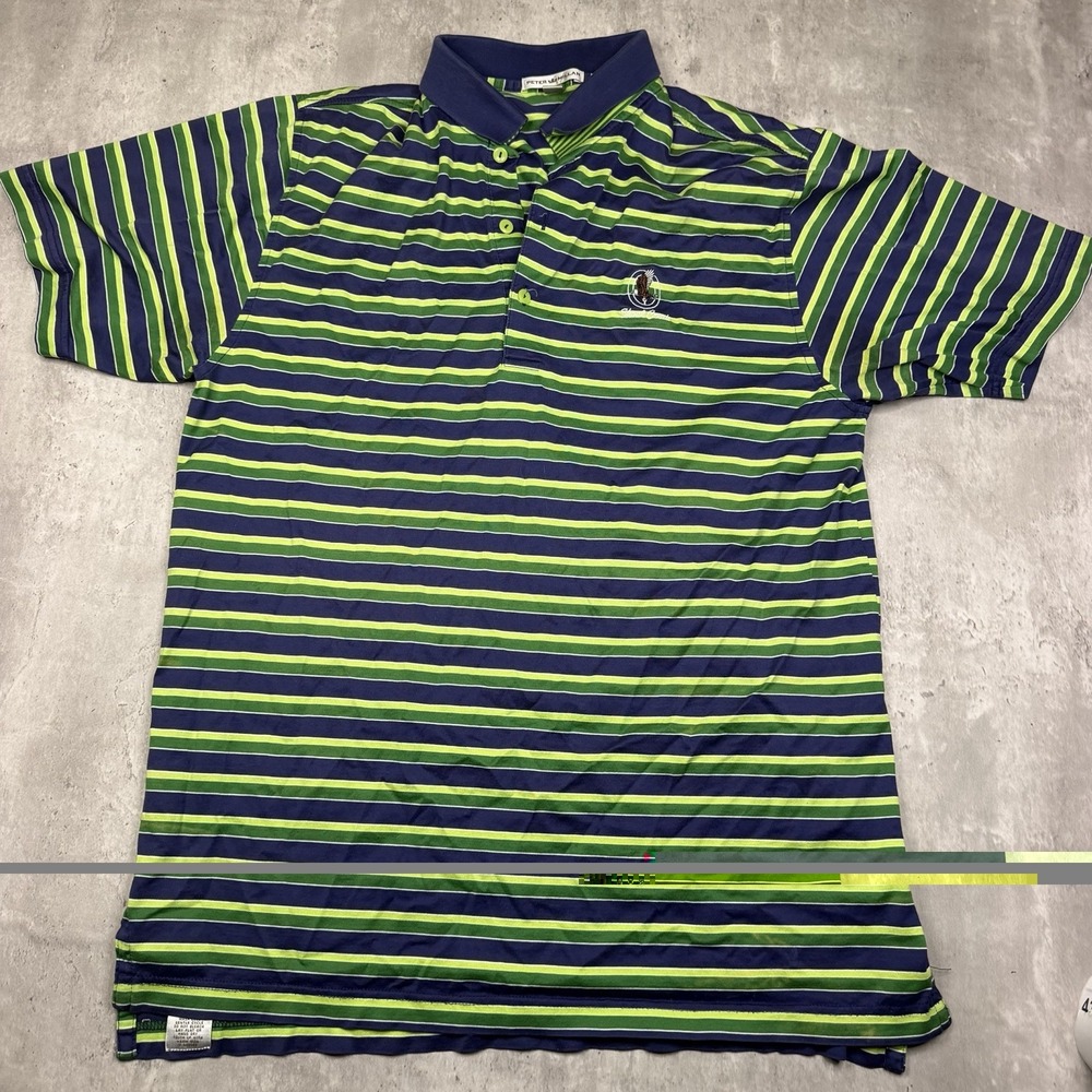 Peter Millar Men's Polo M Green Blue Striped Preppy Shoal Creek Golf Performance